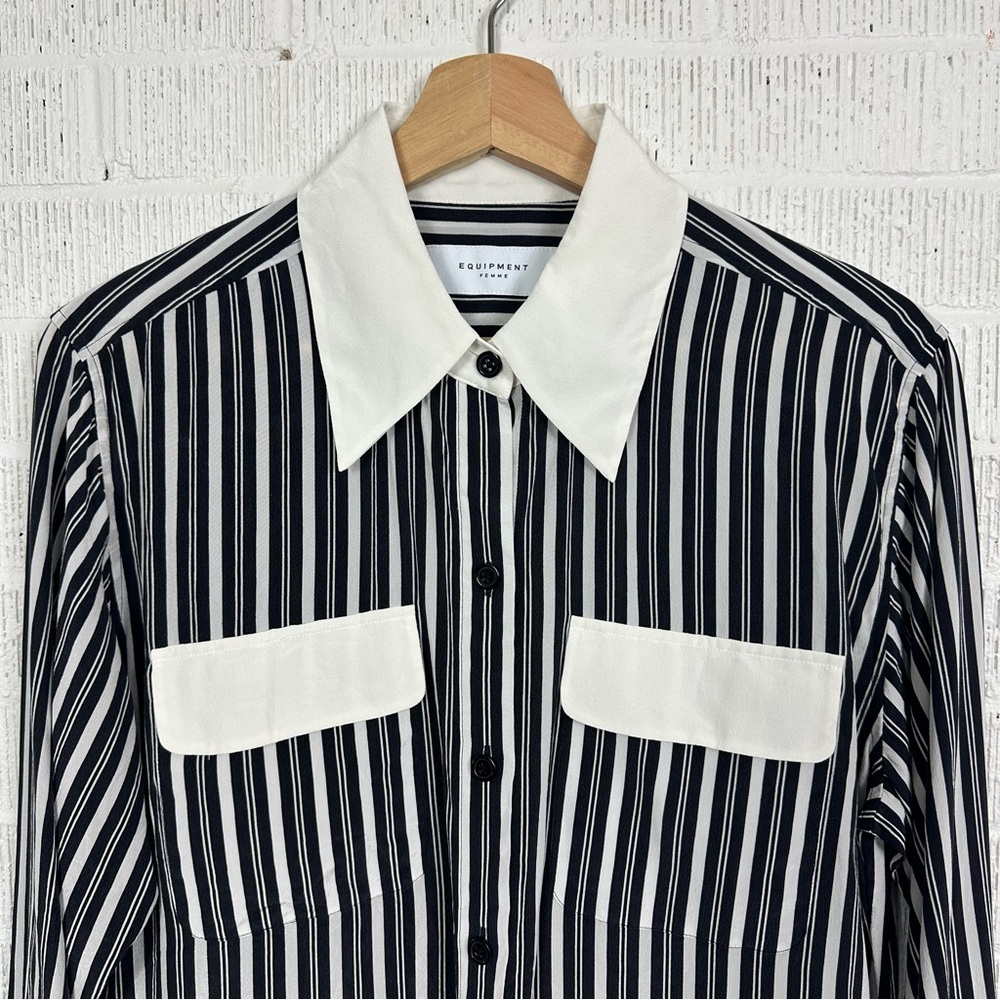 EQUIPMENT FEMME Black Ivory Vertical Stripe Button Down Blouse Silk Small
